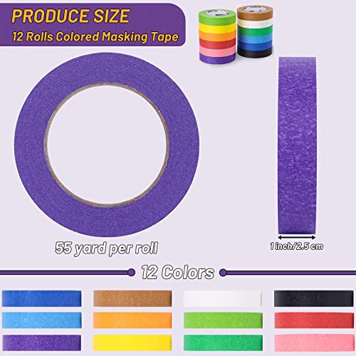 Image of Oleitodh 12 Rolls Colored Masking Tape-1 inch x 660 Yards Painters Tape, Rainbow Colors Rolls Bulk Colorful Paper Marking Tape Decorative Arts Crafts Labeling DIY Home Office Supplies (Pack of 3)