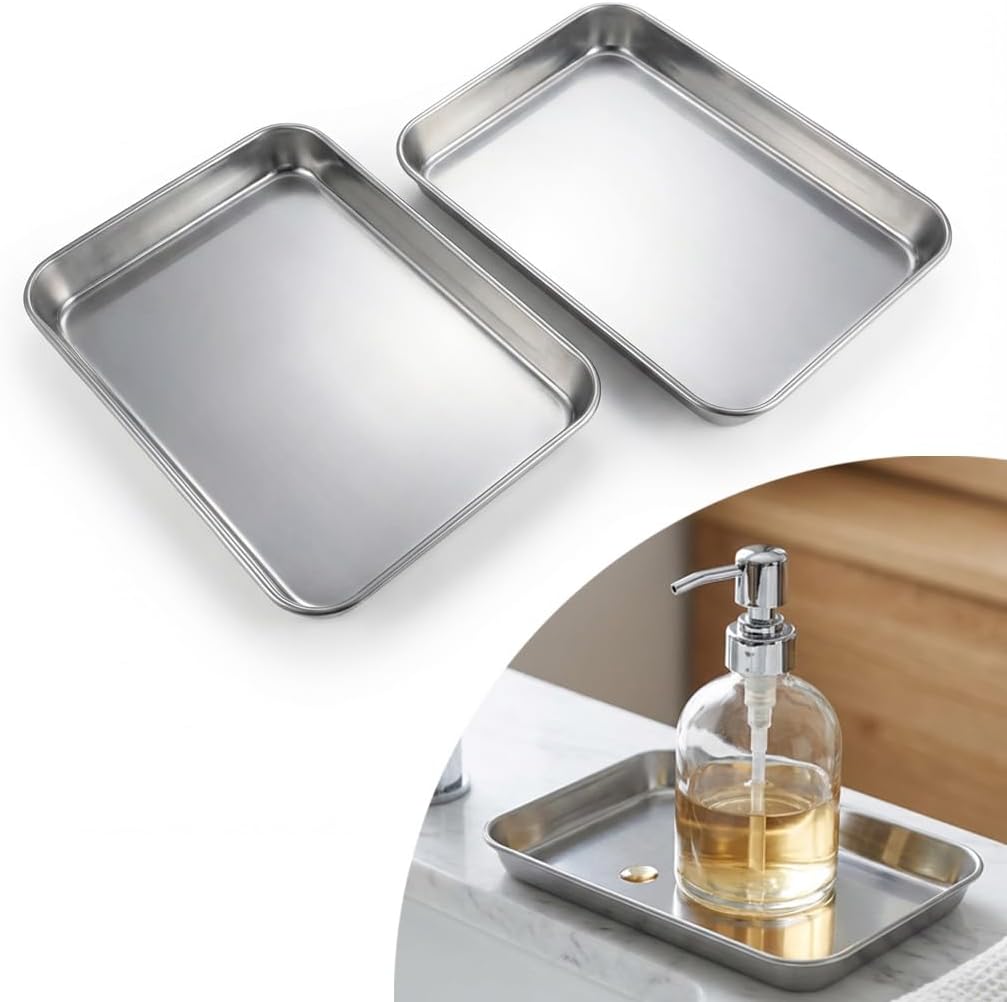 Japanese Stainless Steel Tray 2-Pack (5.3" x 7.3"), Made in Japan, Rust Resistant Kitchen Prep Tray, Multipurpose Organizer for Bathroom Vanity, Jewelry, Food Serving - Dishwasher Safe