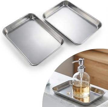 Japanese Stainless Steel Tray 2-Pack 5.3" x 7.3", Made in Japan, Rust Resistant Kitchen Prep Tray, Multipurpose Organizer for Bathroom Vanity, Jewelry, Food Serving - Dishwasher Safe