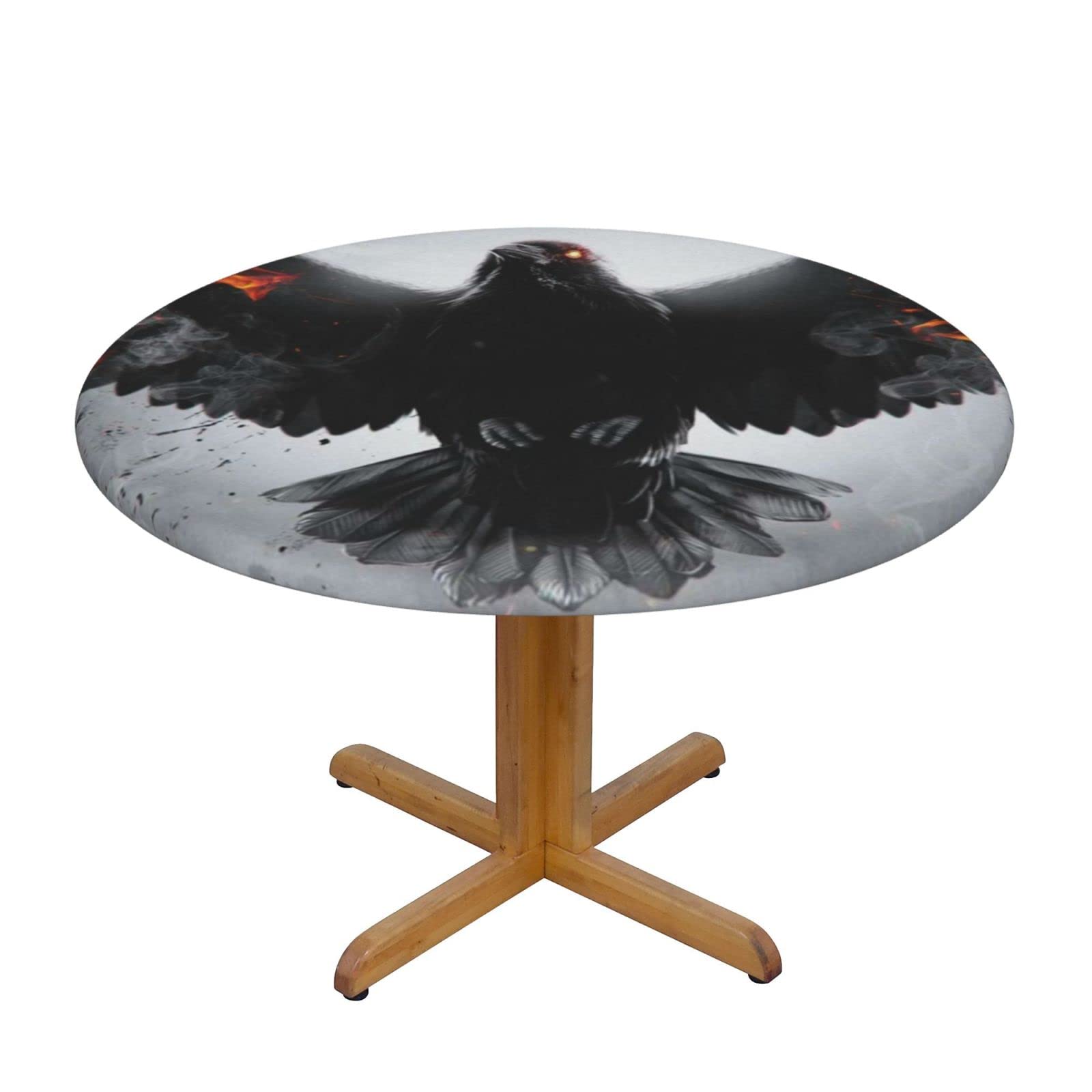 Lsjuee Round Fitted Tablecloth 40-44in Elastic Edged Table Cloth for Kitchen Dining Party Home Decor - Fire Crow Dark Burning