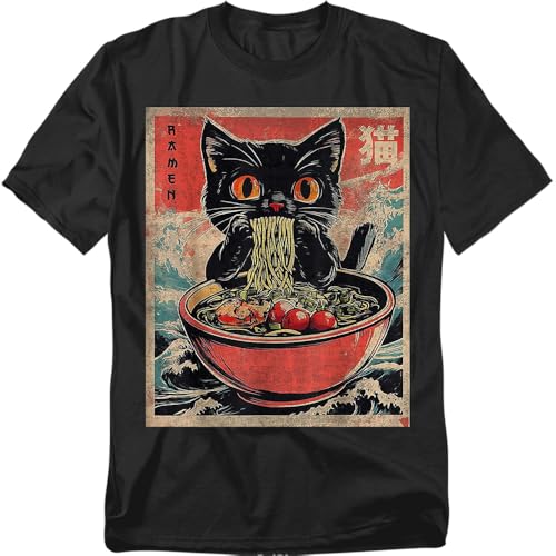 Popfunk Anime Cat Ramen T Shirt Cute Japanese Noodle Bowl Tee for Men or Women Unisex Adult Black Medium