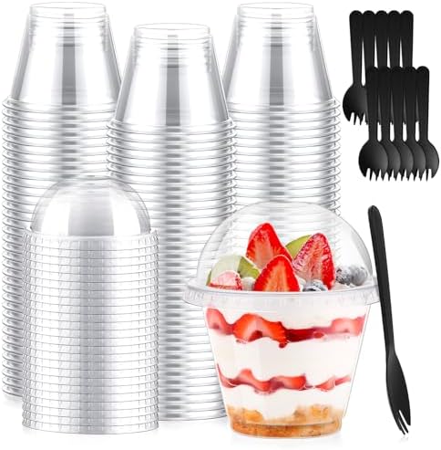 50 Set Plastic Dessert Cups, 9 oz Clear Parfait Cup with Dome Lids & Black Spoons, Disposable Fruit Dessert Cups with Lid for Pudding Appetizer Ice Cream Snack Party Birthday Wedding Picnic