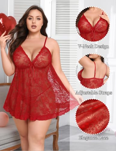 Avidlove Plus Size Sexy Lingerie for Women Sheer Chemise Burgundy Red Large - image 4