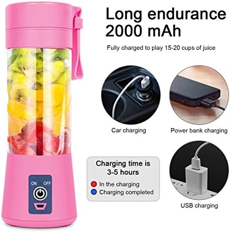 Personal Blender, Portable Blender for Smoothies and Shakes Handheld Electric Fruit Mixer Machine Six Blades 380mL USB Rechargeable Ice Mini Juicer Cup Home/Office/School/Outdoors (Pink)