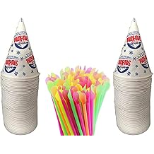 Concession Essentials 200 Count 6oz Snow Cone Cups with 200 8" Neon Spoon Straws