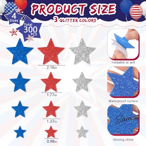 ReliThick 300pcs Red Blue Sliver Star Foam Stickers Glitter Patriotic Star Self-Adhesive 4 Sizes for Labor Day DIY Scrapbook Cards Gifts Party Favor - Image 2