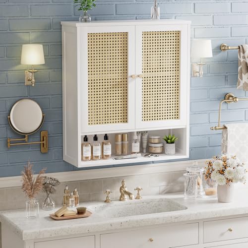 Miniatura 2 de Vovala Mueble De Pared Para Baño, Organizador De Almacenamiento De Bambú Sobre El Inodoro Con 2 Puertas De Ratán Y Estante Ajustable, Botiquín De Ahorro De Espacio Para Lavandería, Cocina Blanco