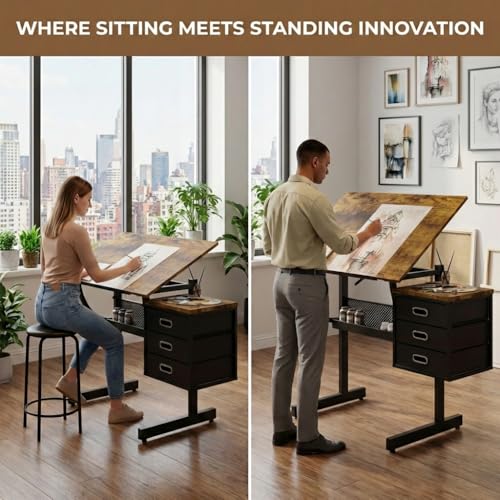 Royjhnl Adjustable Art Desk with Storage, 0-75° Tilting Drafting Table, 3 Drawers, Free Stool - Ideal for Diamond Painting, Architecture, Animation Projects (Rustic Brown)