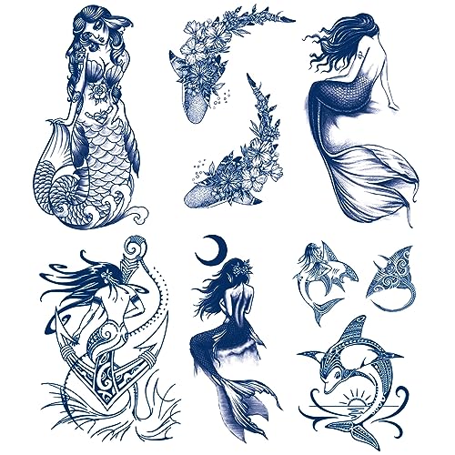 Semi Permanent Mermaid Tattoos, 6-Sheet 100% Plant-Based Ink Infinity Fake Shark Tattoo Stickers, 2 Weeks Long Last Waterproof Tattoos For Adults Men Women Girls Kids #TOP19