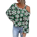 Camiseta de Navidad para mujer con dobladillo asimétrico, diseño de hombros a cuadros con estampado de copo de nieve, verde, XL