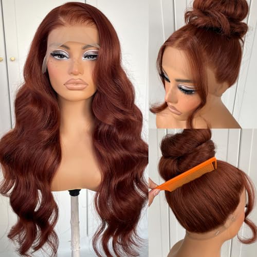 MITIMES 360 Glueless Reddish Brown Lace Front Wigs Pre-Plucked Red Brown Body Wave HD Lace Front Wig Synthetic Wear And Go Glueless Wig