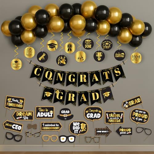 Image of Party Propz Graduation Decoration Kit - 76 Pcs Black Gold Graduation Decoration With Balloons and Banner | College Decor Graduations Items | (Latex)