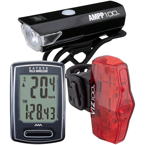 CATEYE Velo Wireless USB GO Kit – Velo Wireless Bike Computer, AMPP100 OptiCube™ Headlight, ViZ100 USB Rechargeable Safety Light, for Road, MTB, Gravel Cycling, IPX4 Waterproof, Long Battery Life