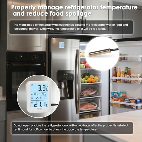 Digital Freezer Thermometer Fridge Temperature with Alarm, Backlight, Magnet, Power On/Off, Max/Min Temperature for Home, Restaurants, RV, External Sensor, AAA Battery (2)