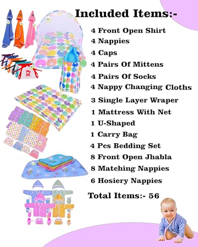 Image of Toddylon Flat Bed 56 in 1 New Born Products All | Gift Packs | Baby Shower | Bed | Clothing | Essentials Items | Combo Pack | Maternity Kit | Infants | Bedding | Clothes (0-6 Months, Multicolor)