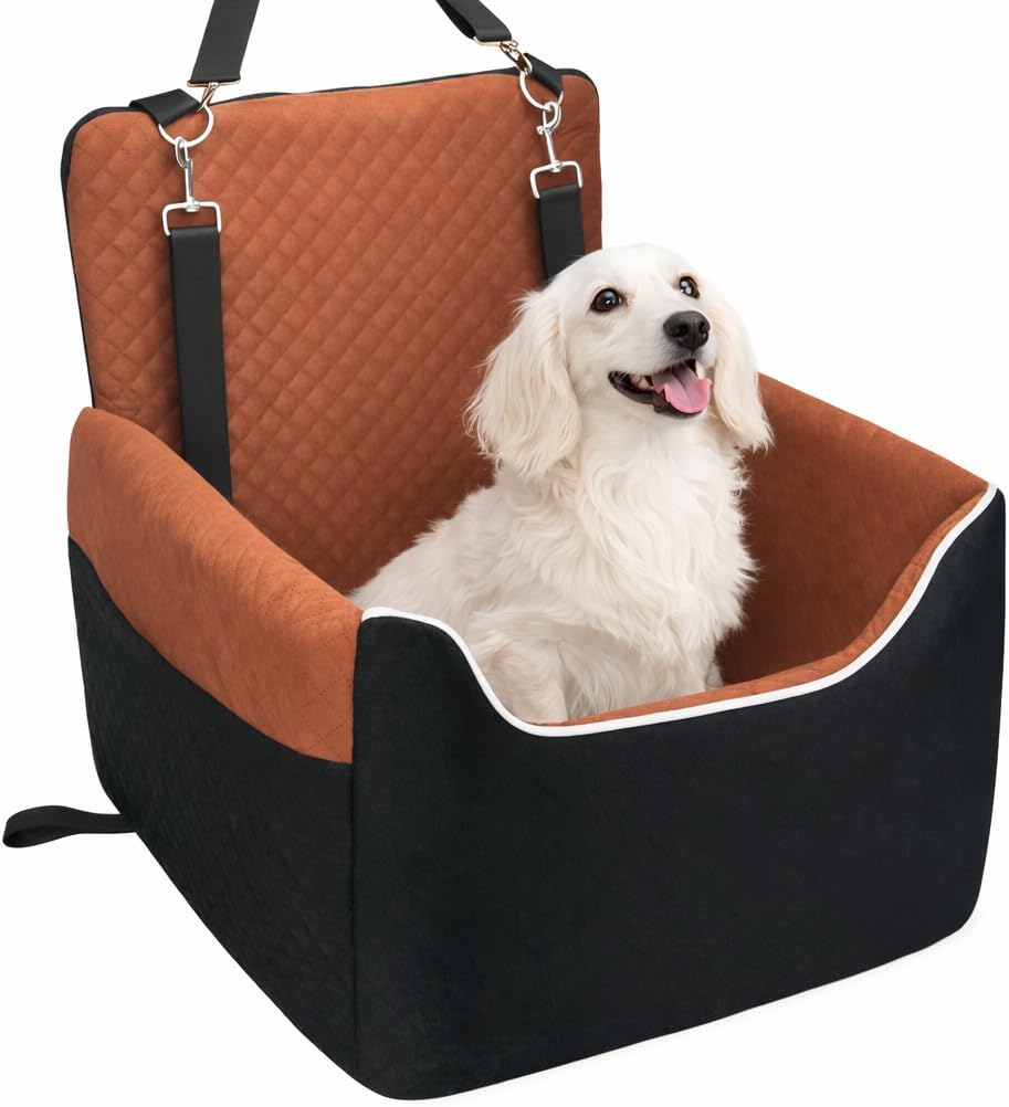 Dog Car Seat for Small/Medium Dogs Under 35lbs, Soft Booster Car Seat with Detachable Washable Cover and Cushion, Memory Foam Pet Car Seat with Safety Belt and Storage Pockets, Puppy Dog Car Bed