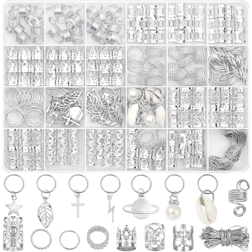 Lucomb 259 Pcs Hair Jewelry Hair Accessories for Braids Silver Loc Jewelry for Hairs Dreadlocks Braid Jewelrys Hairs Cuffs Clips Dreadlock Accessories for Womens Loc Charms Rings Decoration