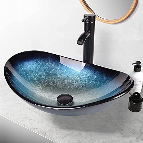 ARTETHYS Waschbecken Glas Aufsatzwaschbecken mit Wasserhahn Ablaufgarnitur, Oval Waschschale Waschtisch Set Blau, Schwarz, Bad Küche, Gäste WC Cover