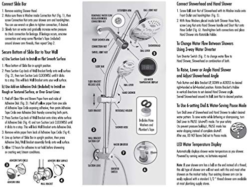 Spa Station 34" Drill-Free Slide Bar With 48-Setting Anti-Clog Showerhead Combo & Led Temperature Display / 3-Way Rain & Handheld Shower Head - Height Extension Arm - Stainless Steel Hose – Chrome #TOP6