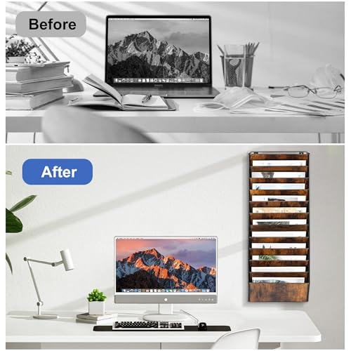 TQVAI 12 Compartimentos Metálica Madera Revistero Pared Documentos Organizador Papeles A4 Colgante Oficina Archivador de Organizador Herramientas Pared, Negro/Antiguo - imagen 8