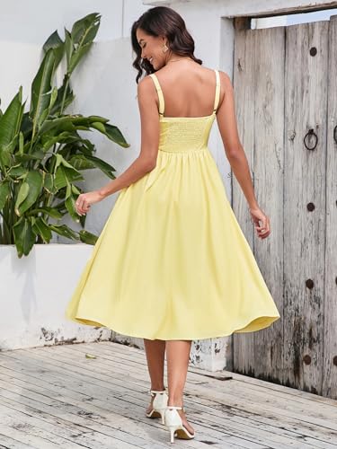 Image of EYNMIN Women's Summer Casual Midi Dress Smocked Sleeveless Flowy Slit A Line Beach Sundresses