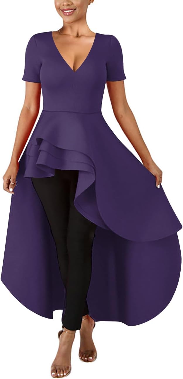 Lrady Womens V Neck Short Sleeve High Low Cocktail Party Dresses Peplum Tunic Tops Shirt Dress - Image 5