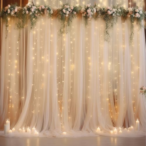 10×10ft Champagne Tulle Backdrop Curtain with Lights String for Parites, Sheer Photo Curtain Backdrop Drapes for Wedding Party Photography Backgrounds