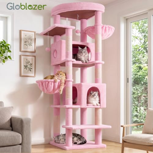 Image of Globlazer Pink Heavy Duty Cat Tree, 74in Sturdy Cat Tower for Large Cats Adult, Big Cat Tree with 7 Sisal Scratching Posts, 2 Padded Condos, 2 Dual-Ear Hanging Baskets, Enlarged Top Perch, S74, Pink