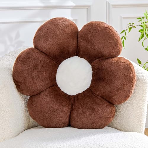 Image of Kcvvcr Brown Flower Pillow Cute Decorative Flower Throw Pillow with Faux Rabbit Fur 17.7 inch Soft Daisy Plush Floor Cushion Aesthetic Room Decor for Bed Sofa Couch