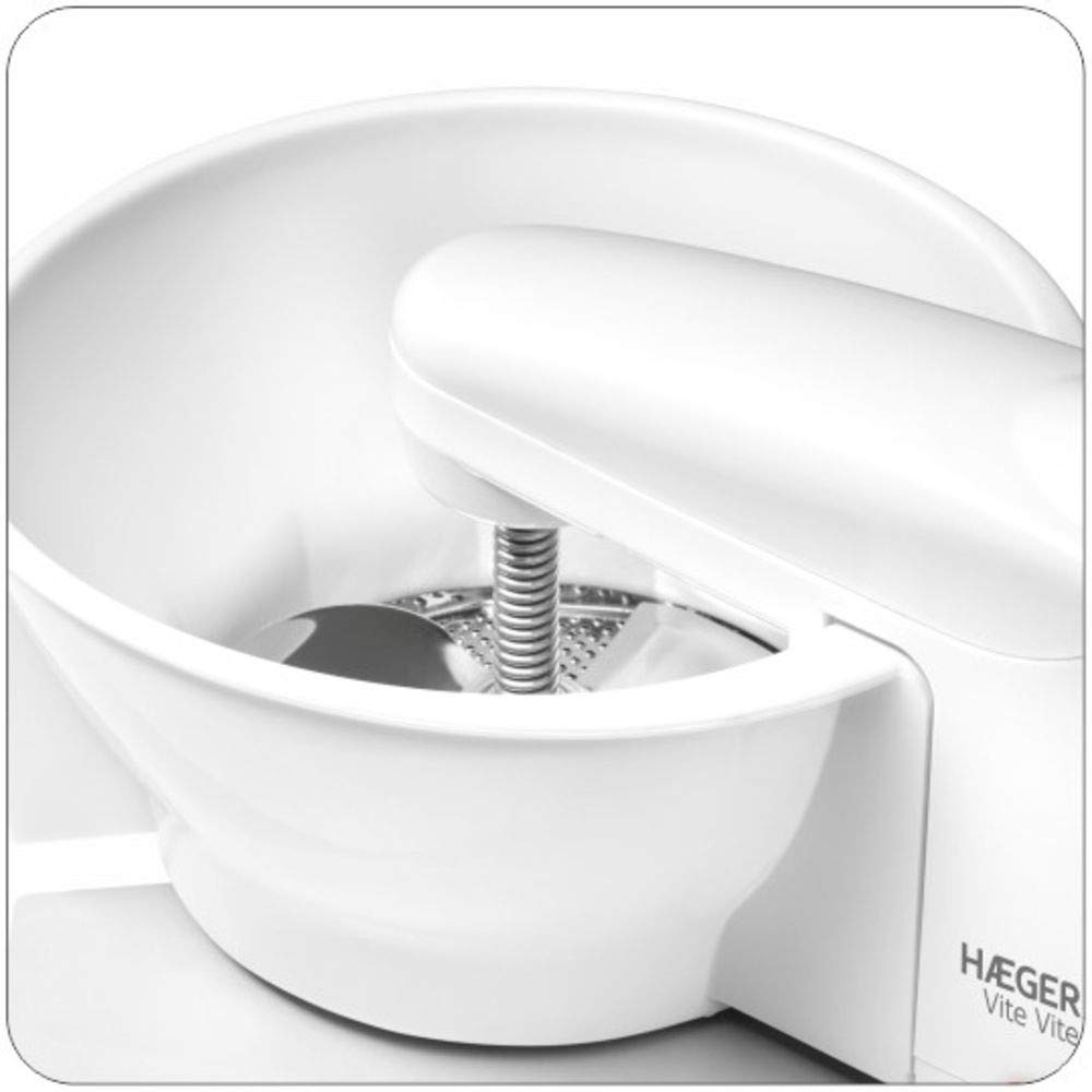 HAEGER - Presse-purée électrique avec 25 W de puissance - 3 disques de coupe : Coupe fine, moyenne et épaisse, lame en acier inoxydable, facilement démontable.