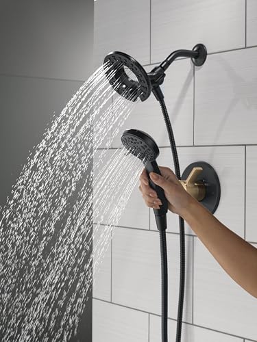 Image of Delta Faucet Albion 14 Series Single-Handle Shower Faucet, Black /Gold Shower Trim Kit with In2ition 2-in-1 Dual Hand Held Shower Head, Matte Black /Champagne Bronze T142855-GZ-I (Valve Not Included)