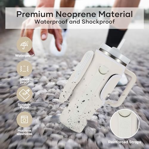 Image of linmaya Water Bottle Carrier Bag with Phone Pocket for Stanley 40 /30 oz Tumbler Neoprene Water Bottle Holder Pouch with 2 Adjustable Strap & 3 Leak Stoppers for Stanley Cup Accessories