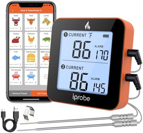 iProbe 600 ft Range Digital Wireless Meat Thermometer with 2 Probes - Bluetooth & Rechargeable for Grilling Smoker Turkey, Fish, Beef