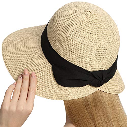 Roniky Womens Wide Brim Viosr Sun Hat Summer Beach Cap Upf50 Uv Packable Straw Hat For Travel Beige #TOP6