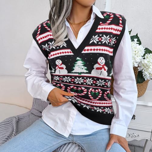Image of JULYCLO Christmas Sweater Vest Women Ugly Xmas Reindeer Knit Sweaters Casual Santa Snowflake V Neck Sleeveless Outwear Tops