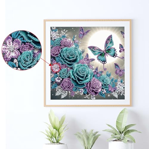 Image of Tontut Diamond Art Painting Kit, Blue and Purple Roses, Butterflies 5D DIY Localized Special Shape Diamond Art Painting Mosaic Crafts for Beginners.