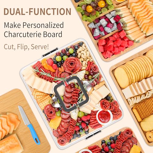 CAWIU Portable Travel Charcuterie Board with Lid and Handle - Large Bamboo Cheese Board with 4 Cheese Knife Set for Outdoor, Picnics - Weddings, House Warming Gift for Women (6 Compartments, Black) — view 5