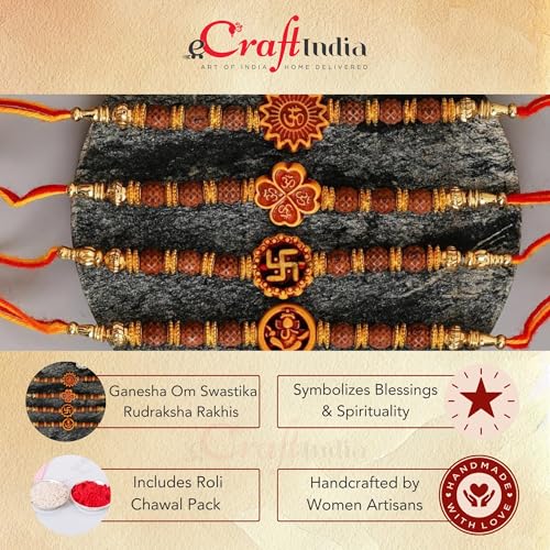 Image of eCraftIndia Set of 4 Rakhi Combo Hamper | Red Golden & White Beads Pearl Diamond Designer Rakhis