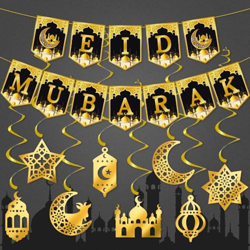 Ramadan Mubarak Garand Eid al Fitr Decoration Kit, Banner and Foil Hanging Swirl Streams Ceiling Decor for Home, Shining Gold Star Moon Lanterns Castles Ornament for Islamic Muslim Party Supplies