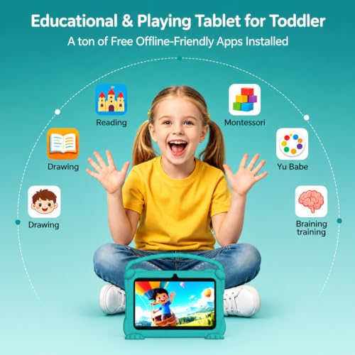 Image of 7 inch Kids Tablet, Android Tablet for Kids, 4GB RAM+32GB ROM+1TB Expand, Toddler Tablets with Shockproof Case, Parental Contral, 1024*600 IPS Screen, 3000mAh Battery, Educational, Games, Green