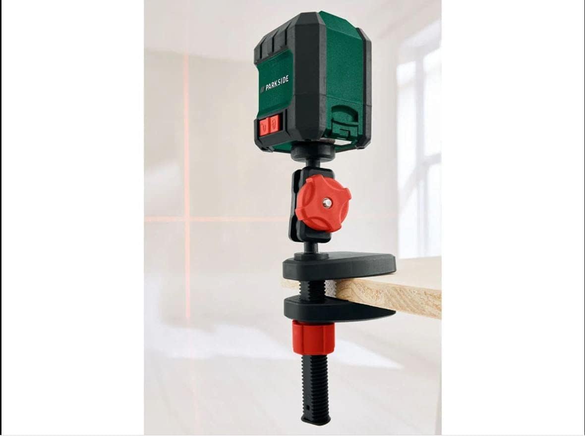 Laser level clamped to a wooden board