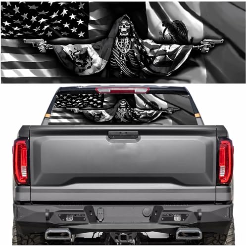 Image of Rear Window Decals for Trucks - 65x22 in Back Window Decals Fit Most Pickup Trucks SUV, Vinyl American Skull Flag Back Window Decal for Car Personalized Decoration - Skull Decal-2