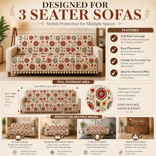 Image of Velvet Quilted Sofa Cover for 1 Seater (24 x 60 Inches) | Red Floral | Anti-Slip Soft Washable Sofa Seat Cover | Furniture Protector with Tassels