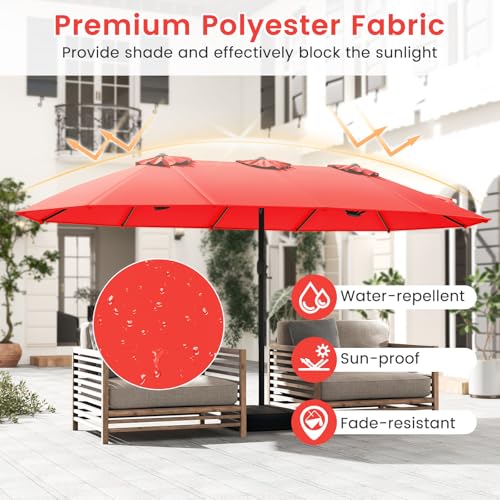 Image of Tangkula 15FT Double-Sided Patio Umbrella with Base, Extra-Large Market Umbrella W /Crank System, Outdoor Twin Umbrella W / 12-Rib Metal Structure & Air Vents for Garden, Backyard, Poolside