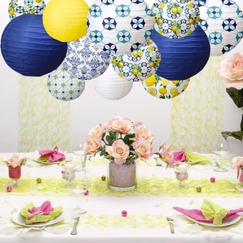 Lanternes en papier motif citron et azulejos pour soirée d'été