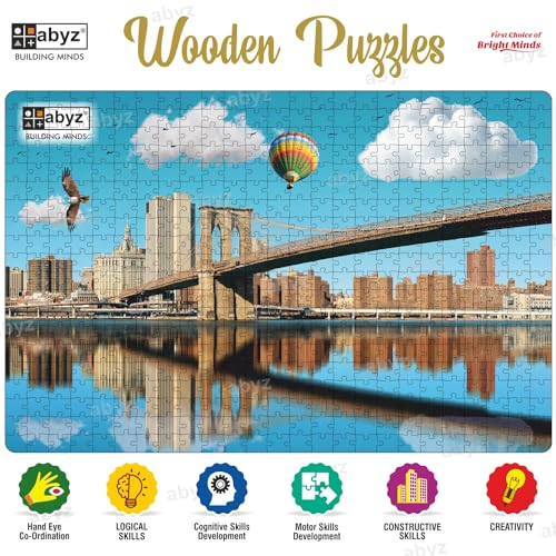 Image of ABYZ Wooden Jigsaw Puzzle - Manhattan Financial District with Skyscrapers and The Brooklyn Bridge Playset for Little Explorers - 500-Pieces | Birthday Gift for (7 Plus Years) Age Kids.