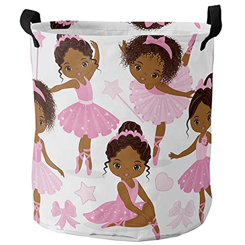 Image of 17 Inches Laundry Basket Collapsible Storage Bin, Cute Black Ballerina Girl Waterproof Oxford Fabric Clothes Basket Laundry Hamper for Dorm, Office, Home, Cartoon Pink Bow Dance