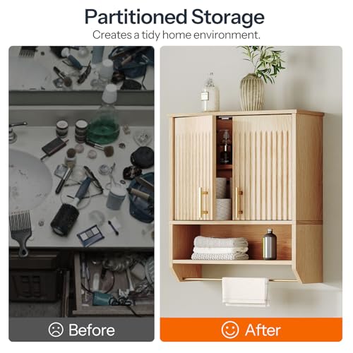 HOOBRO Fluted Bathroom Wall Cabinet, Farmhouse Medicine Cabinet with 2 Fluted Doors, Wall Storage Shelf with Towel Rack, Adjustable Shelf, for Small Spaces, Bathroom, Kitchen, Natural - Image 7