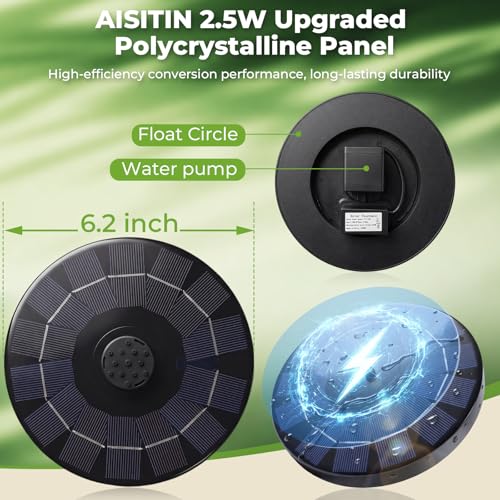 AISITIN Solar Fountain Pump 2.5W Bird Bath Fountain Solar Powered Water Fountain with 8 Nozzle & 4 Fixer, Solar Fountain Pump for Bird Bath, Garden, Pond, Pool - Thumbnail 5