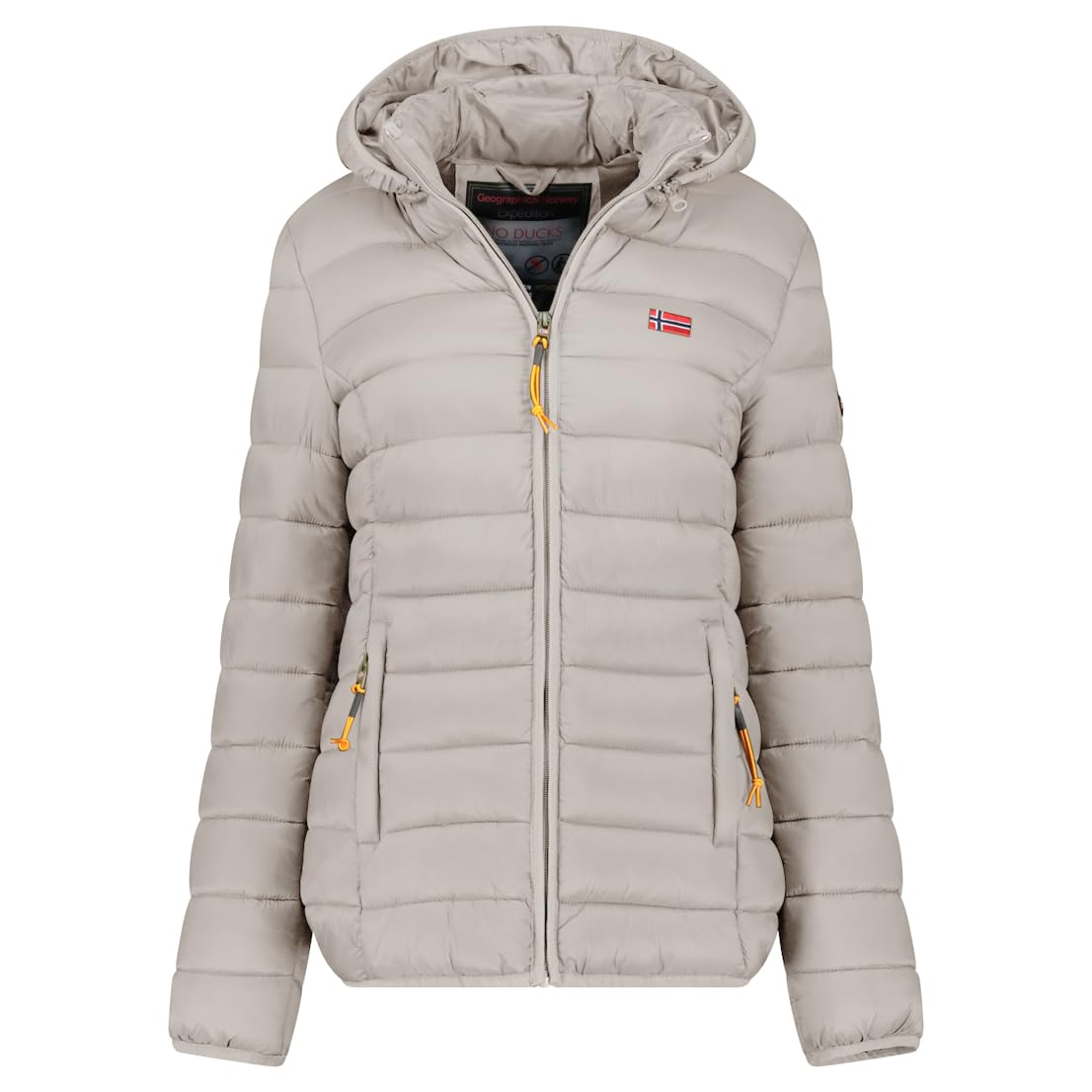 Geographical Norway Atikolor Hood - Chaqueta ligera para mujer con capucha - Chaqueta acolchada cálida mediada - Estilo urbano - Bolsillos con cremallera - insignia y bandera bordada - Corte femenino